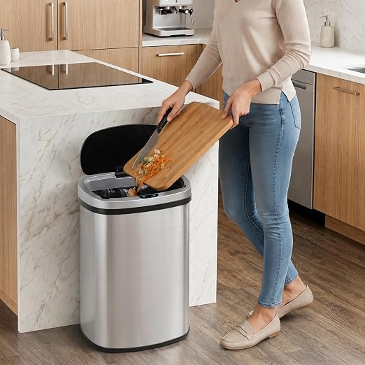 BLKMTY 13 Gallon Trash Can, Stainless Steel Garbage Can with Lid, Sliver | 50 Liters Kitchen Trash Bin, Touchfree Motion Sensor Garbage Bin, Tall Automatic, For Home Office Bathroom