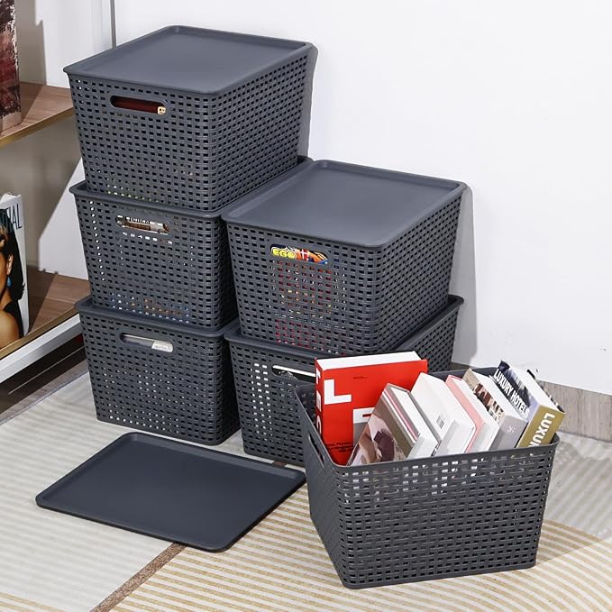 6 Pack Large Plastic Storage Baskets Bins with Lid, Gray | Stackable Storage Basket Organizer Bins with Lids for Organizing Shelves Pantry Closet, 14"x 11.65"x 8.66",