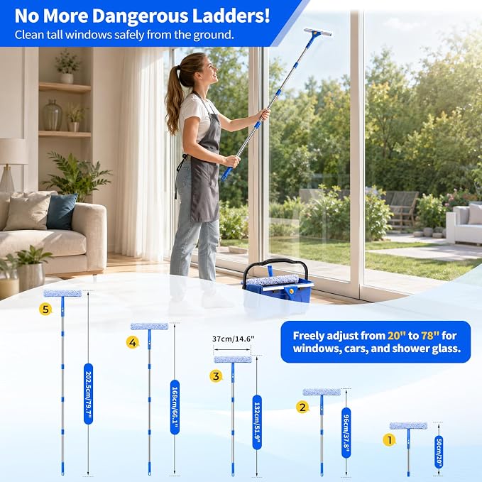 19-Piece Window Cleaning Kit with 3 Gal Cleaning Bucket, Professional 14" Window Squeegee & 15" Window Scrubber with 78" Extension Pole, Window Washing Tools for Home, Car, RV and Outdoor Glass
