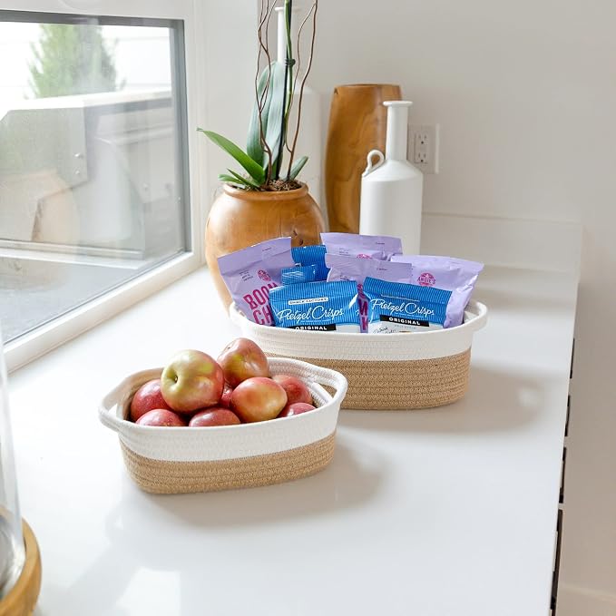 NaturalCozy 5-Piece Rectangle Storage Basket Set- Natural Cotton Rope Woven Baskets for Organizing! Small Basket for Montessori, Baby Nursery, Dog Toy Baskets, Cat Toy Box, Bathroom Organization Bin