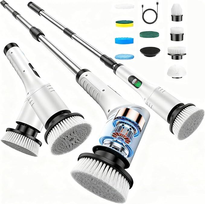 Electric Spin Scrubber for Bathroom Shower Scrubber with Long Handle | Dual Speed Cordless Power Cleaning Scrub, 9 Brush Heads, IPX7 Waterproof LCD Display Cleaner Tools for Tub Tile Grout Wall