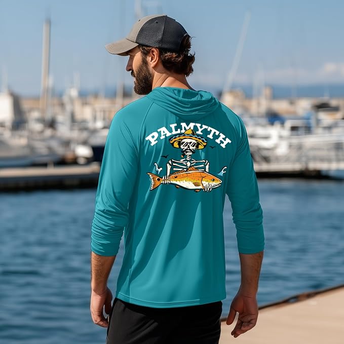 Palmyth Men's Fishing Hoodie UPF 50+ Long Sleeve with Face Mask Neck Gaiter | Zipper Pocket, Thumb Loops, Quick-Dry, Side Mesh Panels, Lens Cleaning Cloth