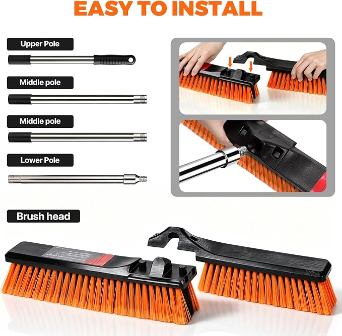 24" Push Broom, Heavy Duty Outdoor Commercial Broom for Cleaning, Orange | Industrial Broom with 55" Long Handle Stiff Bristles, Garden Brush Broom for Driveway Garage Yard Warehouse Floor Cleaning