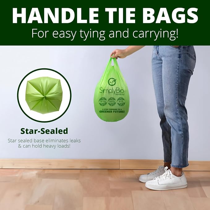 Simply Bio 1.6 Gallon Compostable Trash Bags Liners Handle, Heavy Duty Extra Thick 0.6 Mil, 6.06 Liter, 50 Bags, Small Kitchen Food Scrap Waste Bag, ASTM D6400, US BPI and OK Compost Home Certified