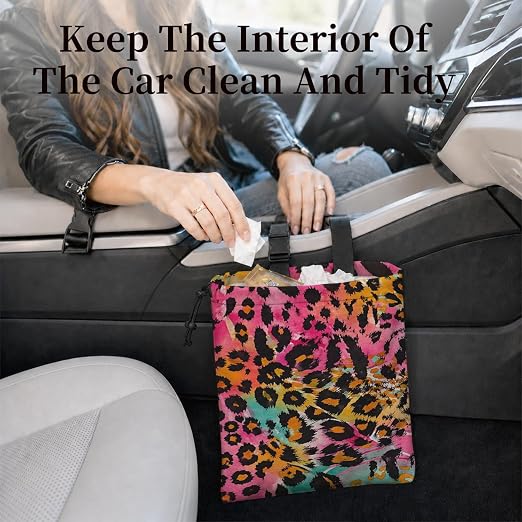 Colorful Leopard Print Car Garbage Bag Canvas Trash Can | Trendy Y2K Cheetah Print Drawstring Car Trash Bag Hanging for Back Seat with Adjustable Buckle