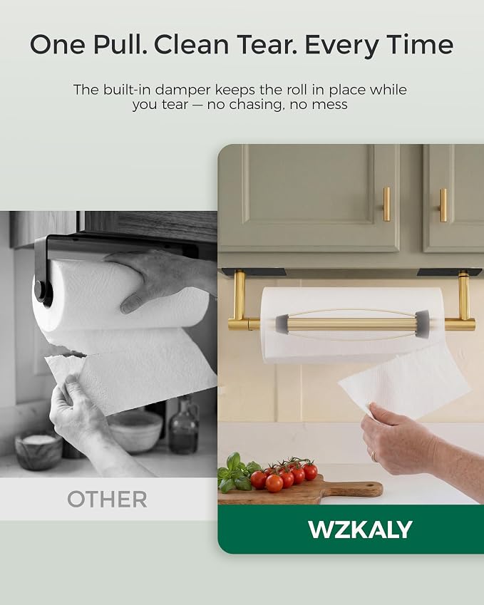 Paper Towel Holder Under Cabinet with Damping No Drill, Black & Gold | Adhesive or Wall Mounted, 304 Stainless Steel Post Pivoting Design, Single Hand Operable for Kitchen Bathroom, Square Base