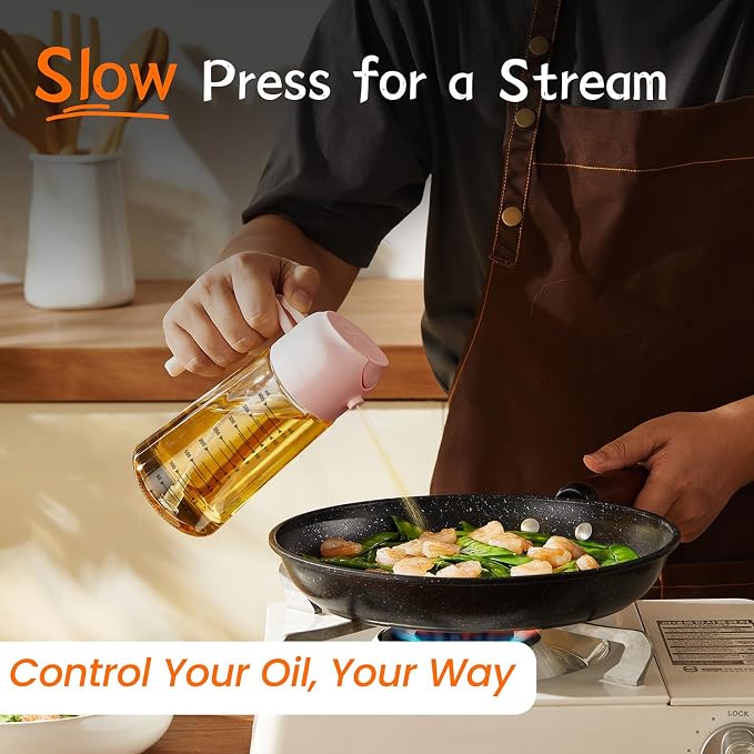 TrendPlain 16oz/470ml Glass Olive Oil Sprayer for Cooking - 2 in 1 Olive Oil Dispenser for Kitchen Gadgets, Air Fryer, Salad, and BBQ - Peach