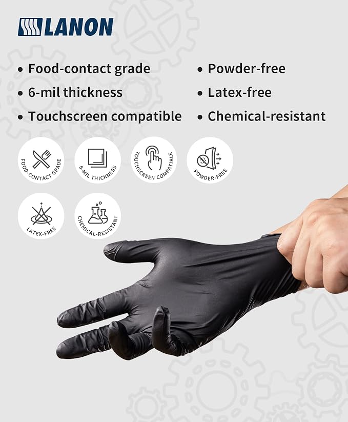 LANON 6-mil Black Nitrile Disposable Gloves, Food-Safe, Powder-Free, Heavy-Duty, Textured Fingertips, Latex-Free, Large | Food Safe,Food Prep,Powder-Free,Latex-Free,Silicone-Free,Textured Fingertips,Kitchen,Heavy-Duty Mechanic Gloves Disposable