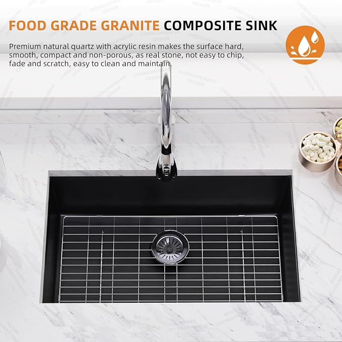 27-inch Granite Composite Kitchen Sink, GABETLET Undermount Quartz Kitchen Sinks with Spacious Workspace and Easy Cleaning, Black Single Bowl Deep Sink with Complete Accessories