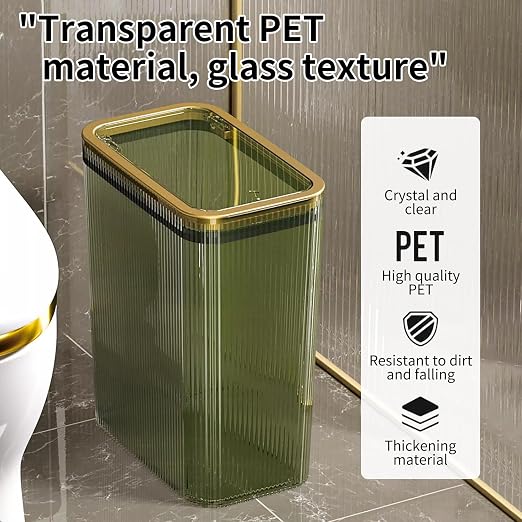 Bathroom Trash Cans with Lids, 2.6 Gallon (Green) | Garbage Can for Bedroom, Office, Plastic Slim Waste Basket with Press Top Lid, 10L Clear Trash Bin for Home, Kitchen