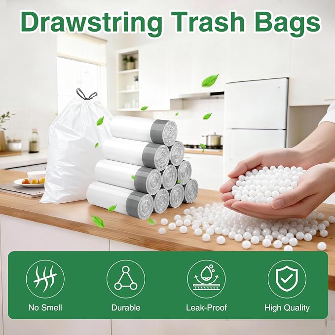 80 Counts 8 Gallon Trash Bag Drawstring Small Trash Bags, Thick Pre-separated Garbage Bags, Trash Bin Liners, Suitable for bathroom, kitchen, bedroom, office (White)