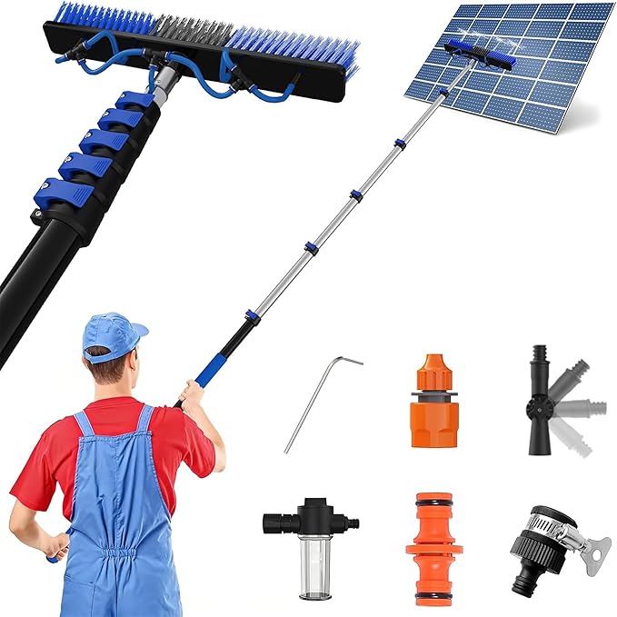 25 FT Reach Solar Panel Cleaning Brush Kit with Telescopic Pole | Water‑Fed Brush With 5‑20FT Dual Flip‑Screw Lock Pole, Soap Dispenser & Soft Bristles for Snow Removal, Boats, Windows, Rvs