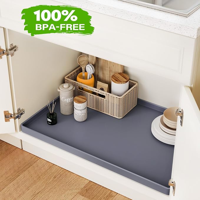 FLATO Waterproof Under Sink Mat, 34" x 19", Beige | Shelf Liner for Kitchen and Bathroom, Cabinet Protector, Organizers and Storage, Flexible Silicone Drip Tray