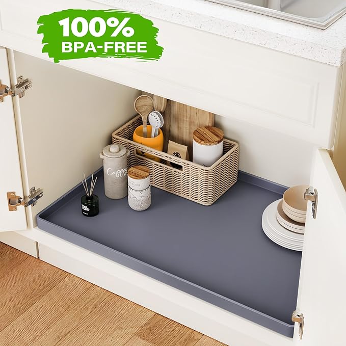 FLATO Waterproof Under Sink Mat, 34" x 22", Light Gray | Shelf Liner for Kitchen and Bathroom, Cabinet Protector, Organizers and Storage, Flexible Silicone Drip Tray