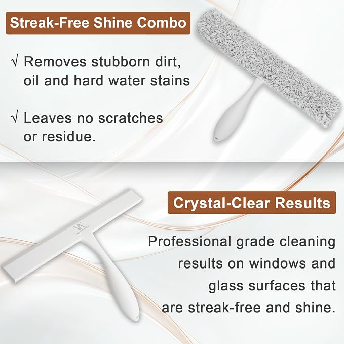Shower Squeegee for Glass Doors & Microfiber Scrubber Kit 11Inch Window Washing Tools with Non-Slip Handle and Adhesive Hook