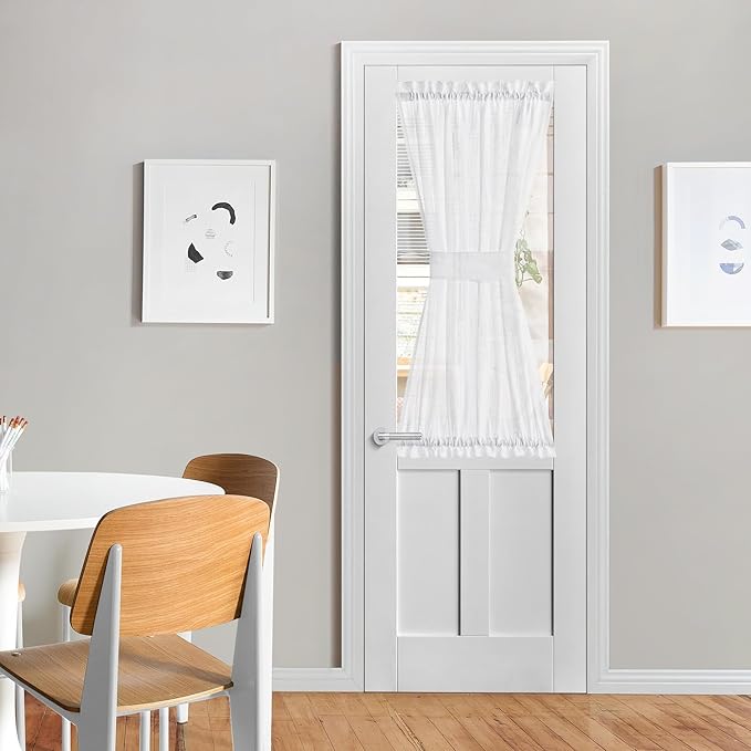 NICETOWN Sidelight Sheer Door Window Curtains for Front Back Glass | Semi Light Filtering French Door Curtain with Tieback, Half Window Kitchen Decor, 26 x 50 Inch Long, White