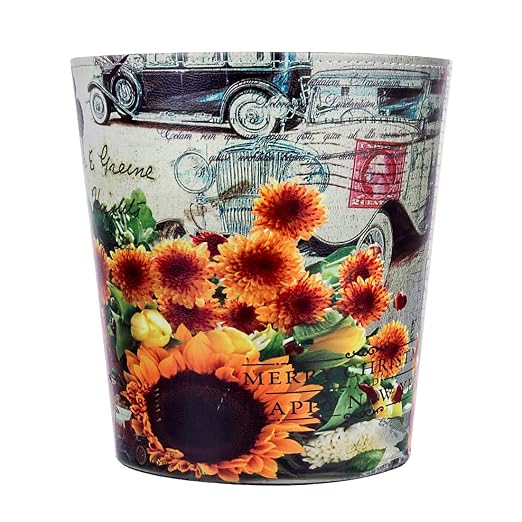 Leather Trash Can, Retro Decorative Waste Basket, 10L Capacity Small Waste Paper Basket, Waterproof Garbage Can for Bathroom, Bedroom, Office, Kitchen and Living Room - Sunflower