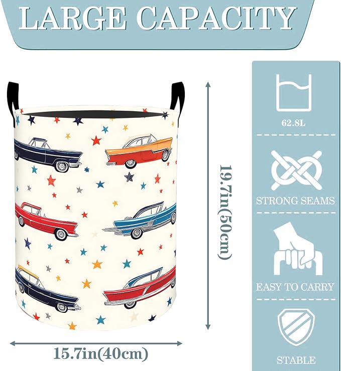Vintage Classic Car Laundry Basket, Dirty Collapsible Clothes Toy Organizer Hamper for Kids Adults, Oxford Cloth Waterproof Storage Bin for Bedroom Bathroom Home Decor Gifts, 19.7"X15.7"