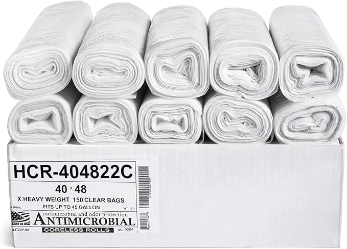 Aluf Plastics 45 Gal Clear Trash Bags, 22 Micron (EQ.), 40" x 48" (150 Pk)