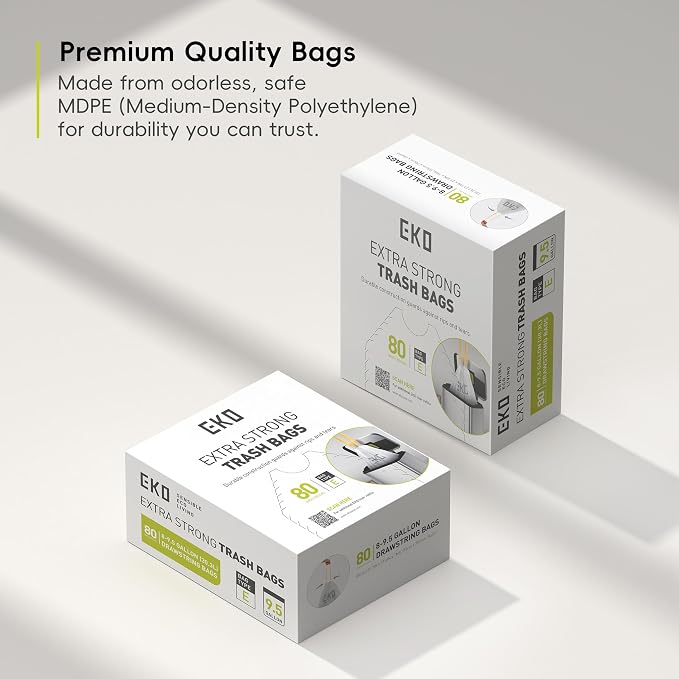 EKO Easy-Dispense Roll 80 Count Extra-Strong Drawstring Tall Kitchen Trash Bag, 8-9.5 Gallon Trash Bag (30.3L-36L) 1 Pack White, Code E