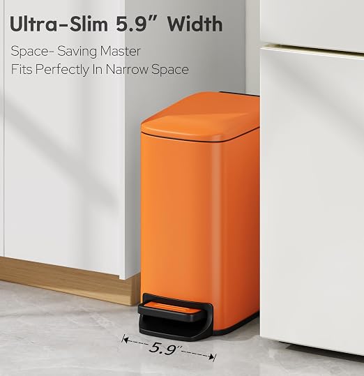 TIPGO Small Bathroom Trash Can with Lid, 1.6 Gal, Soft Close, Orange | Foot Pedal, Soft Quiet Lid, 5.9'' Slim for Narrow Space, Stainless Steel, Anti-fingerprint, Removable Inner Bucket, Odor Seal