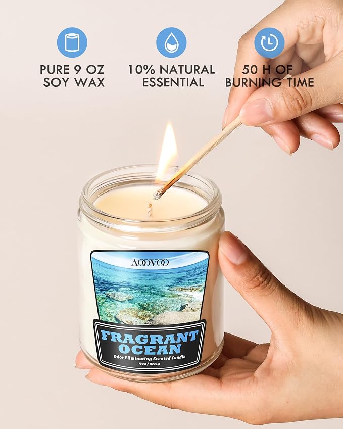 AOOVOO Fragrant Ocean Odor Eliminating Candle - 9 oz Non Toxic Soy Candle | Eliminates 95% of Smoke, Food, Pet and Other Smells Quickly, Up to 50 Hours Burn time, Highly Fragranced Air Freshing Candle