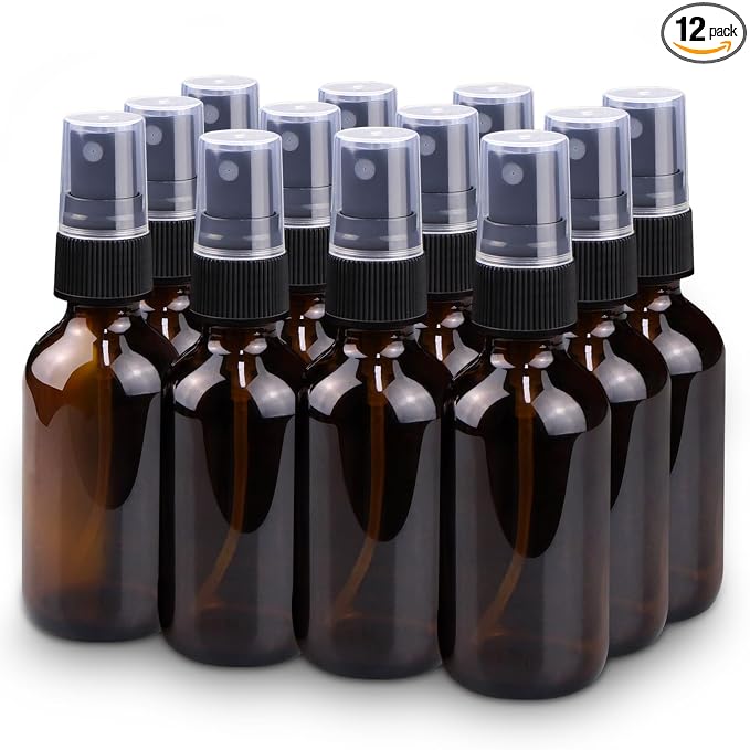 Spray Bottle, 2 oz Fine Mist Glass Spray Bottle, Little Refillable Liquid Containers for Watering Flowers Cleaning (12 Pack, Amber)