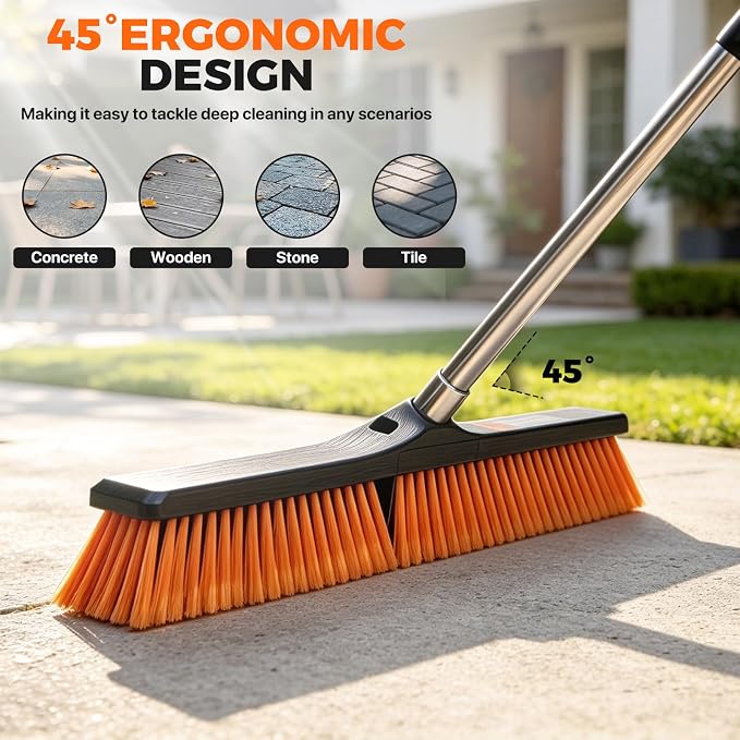 24" Push Broom, Heavy Duty Outdoor Commercial Broom for Cleaning, Orange | Industrial Broom with 55" Long Handle Stiff Bristles, Garden Brush Broom for Driveway Garage Yard Warehouse Floor Cleaning