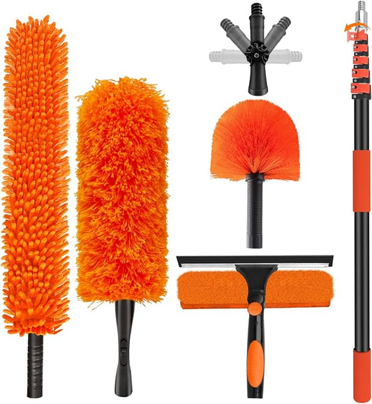30FT High Reach Duster with Extension Pole 5-24FT, 4-in-1 Cleaning Kit | with Universal Swivel Joint | High Ceiling Fan Cleaner, Cobweb Duster & Window Squeegee for Safe High-Reach Cleaning