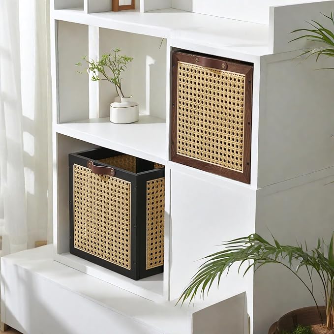 2PCS Rattan Storage Cubes Decorative Handmade Wooden Basket Box | Clothes Container Closet Shelf Organizer, Books Magazine Holder, Solid Wood Woven Wicker Cane Bins, Natural Bohemian, Walnut