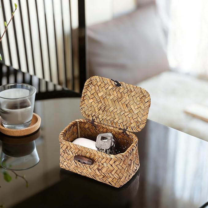 Hipiwe Handwoben Seagrass Basket With Lid Wicker Storage Baskets Decorative Shelf Basket Mini Desktop Organizer, Caramel 4.3" x 2.5" x 2.1"