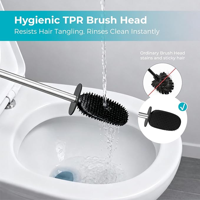 Sineng Silicone Toilet Brush, Stainless Steel Toilet Bowl Cleaner Brush | Long Handle and Flexible Bristles, Compact Toilet Bowl Brush with Weighted Base for Modern Bathroom RV Dorms