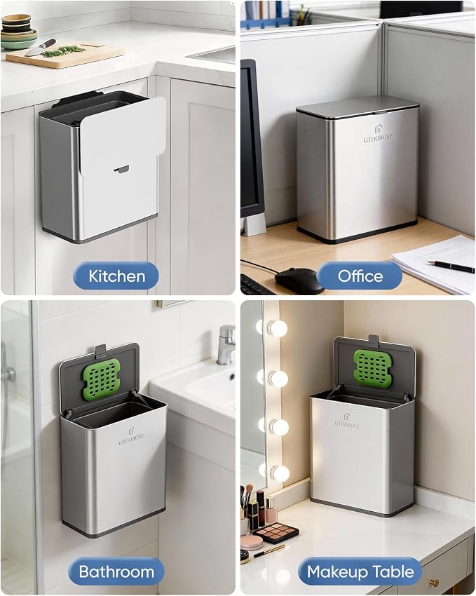 Kitchen Compost Bin, 10L/2.6G Trash Can with Lid, Slim Stainless Steel Hanging Garbage Bin for Kitchen, Bathroom, Bedroom, Office, Wall Mounted Compost Bin with Inner Bucket, Silver