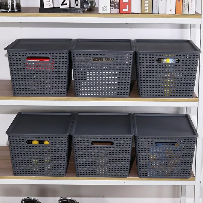 6 Pack Large Plastic Storage Baskets Bins with Lid, Gray | Stackable Storage Basket Organizer Bins with Lids for Organizing Shelves Pantry Closet, 14"x 11.65"x 8.66",