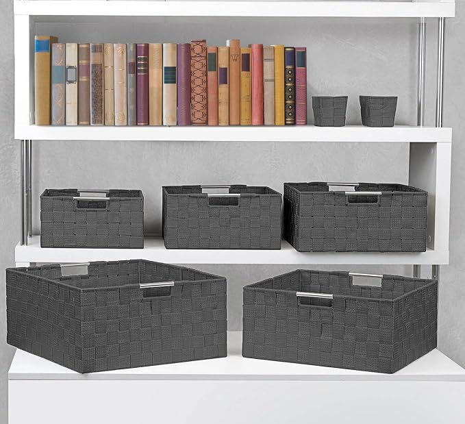 Sorbus Baskets for Organizing, 7-Piece Hand-Woven Storage Set (Grey) | Mesh organizers with handles keep linens and accessories sorted on closet shelves; seven-piece variety fits many spaces.