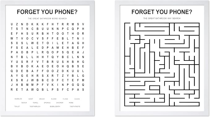 Poster Master 2-Piece Forget Your Phone Print - The Great Bathroom Word & Way Search Poster - Guest Bath Decor - Black & White Design - Powder Room Decor - Fun Restroom Sign - 8x10 White Framed