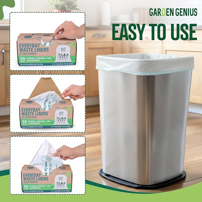 Biodegradable 13-17 Gallon Code-Q Trash Bags (50 Pack) | Strong Heavy-Duty Tall White Kitchen Bags w/Drawstring | Fits Simplehuman & Standard Cans | Eco-Friendly D2W, 30 Micron Thick | 25.6" x 33.5"