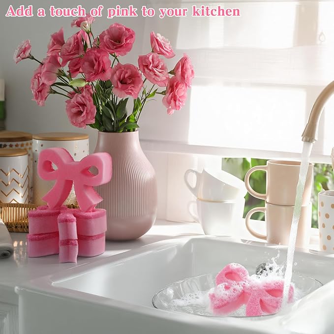 Tioncy 12 Pack Pink Bow Sponges Dual Sided Non Scratch Classic | Reusable for Dishwashing Cookware Pot Pan, Preppy Cute Kitchen Cleaning Accessories, Non Scratch Bulk Household Supplies