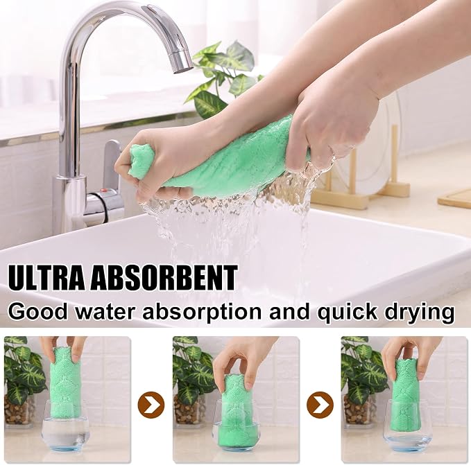Homaxy 12 Pack Super Soft & Absorbent Dish Cloths, 10" x 10", Green | Coral Velvet, Nonstick Oil Fast Drying Microfiber Cleaning Cloth, No Lint Household Dishcloths