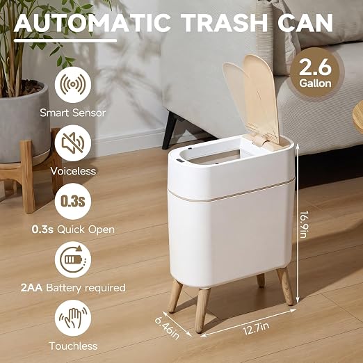 Motion Sensor Bathroom Trash Can with Lid,Slim Automatic Wastebasket | 2.6 gallon Touchless Trash Bin,Plastic,Smart,Waterproof,Pet Proof,Small Garbage Can for Bedroom,Office,Room,Kitchen(White)