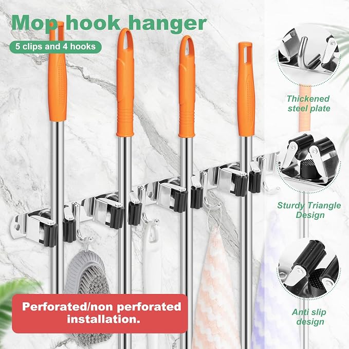 2 Pack Broom Holder Wall Mount 5 Racks 4 Hooks Stainless Steel Broom Mop Holder Anti Slip Storage Rack Strong Load Bearing Waterproof Broom and Mop Organizer Wall Hanging for Bathroom Kitchen Garage