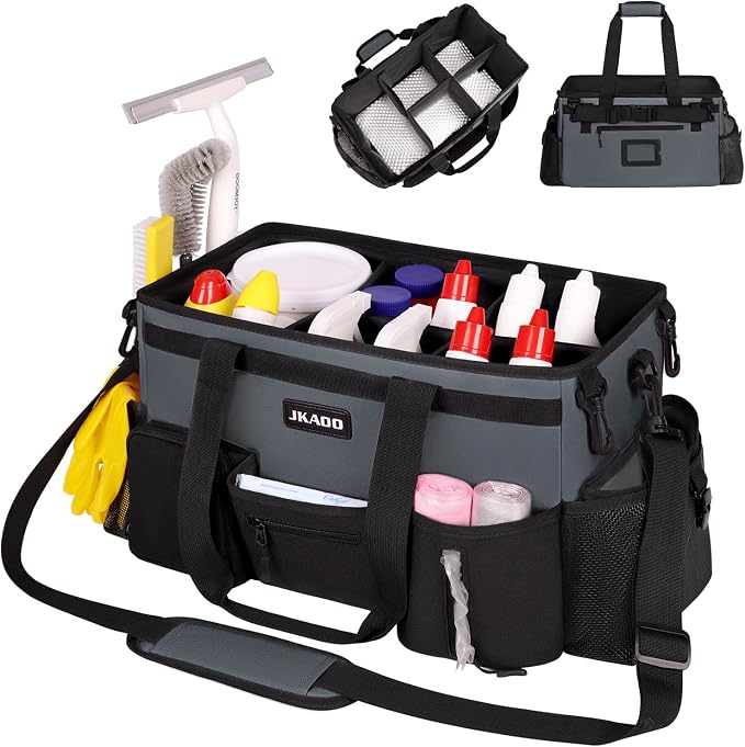 JKAOO Large Wearable Cleaning Caddy Bag with Handles, Gray | Adjustable Shoulder & Waist Straps, Removable, Waterproof Tote for Cleaning Supplies, Home, Car, Office