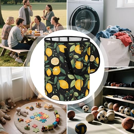 BIGCARJOB Lemon Garbage Cans Collapsible Pop Up Camper Trash Can Waterproof Bag Trash Bin for Outdoor Camping Hiking Travel, 22.83x17.71 in