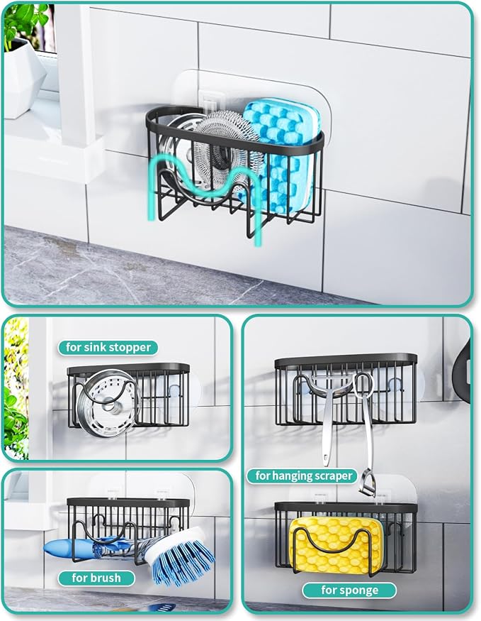 HapiRm Multifunctional Sponge Holder with Unique M-Shaped, 2 Installation Methods Kitchen Sink Caddy Organizer, Rustproof Stainless Steel Kitchen Organizers and Storage Essentials - Black (Pack of 2)