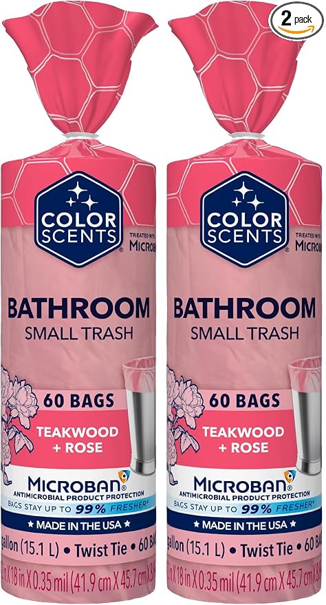 Color Scents Small Trash Bags - 4 Gallon, 60 Bags (2 Pack of 60 Count), Twist Tie - Pink Bag in Teakwood + Rose Scent with Microban