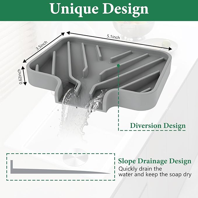 GUUKIN Sponge Holder for Kitchen Sink, 5x3.5 Inch Auto-Draining Soap Tray & Sink Organizer | Compatible with Scrub Daddy, Keep Countertops Dry, Kitchen Sink Accessories (Grey)