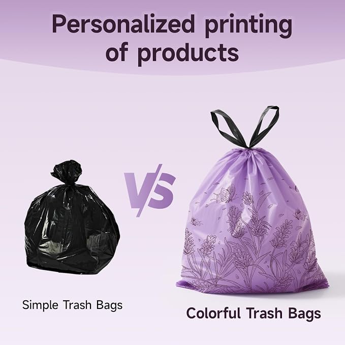 Lavender Scented Small Garbage Bags,Trash Bags 4 gallon Drawstring For Bathroom,Office,Bedroom,Car,Suitable for 2-4 gallon trash can,colorful Print,purple,50 Counts