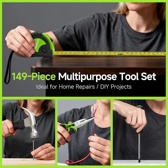 PULITUO Drill Set, 149-Piece Home Tool Set with Green 12V Cordless Drill, Tool Box, Hand Tool Kits for Women & Men and DIY Enthusiasts, for Home Improvement