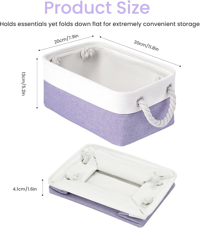 11.8x7.9x5.2 Inch Fabric Small Storage Bins with Handles 1 Pack | Foldable Storage Basket, Sturdy Metal Strand, Cardboard Support Molding, Small Baskets for Organizing, Shelves, White/Purple