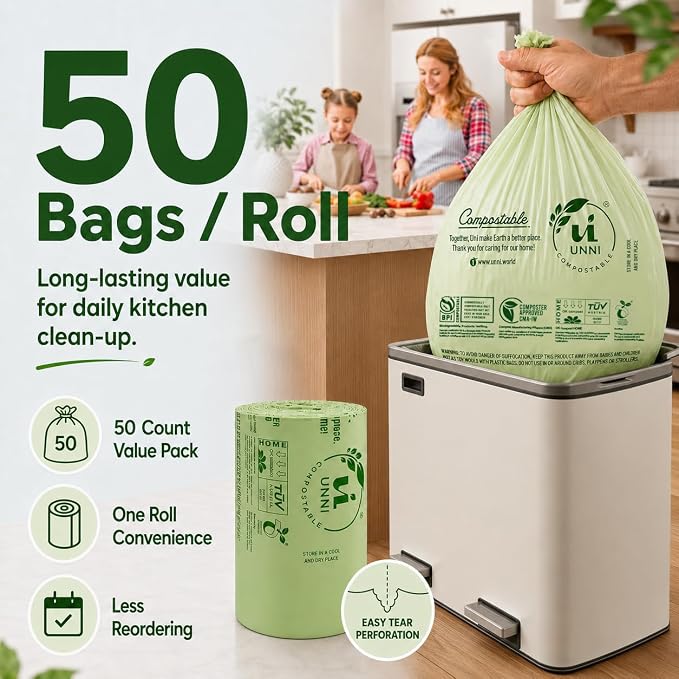 UNNI 13 Gallon Compostable Bags, 50 Count, 49.2 Liter, Extra Thick 0.9 Mil | Tall Kitchen Compost Bags for Pull-Out Food Scrap Bins, Wide Opening, Certified by BPI, CMA & OK compost HOME, ASTM D6400